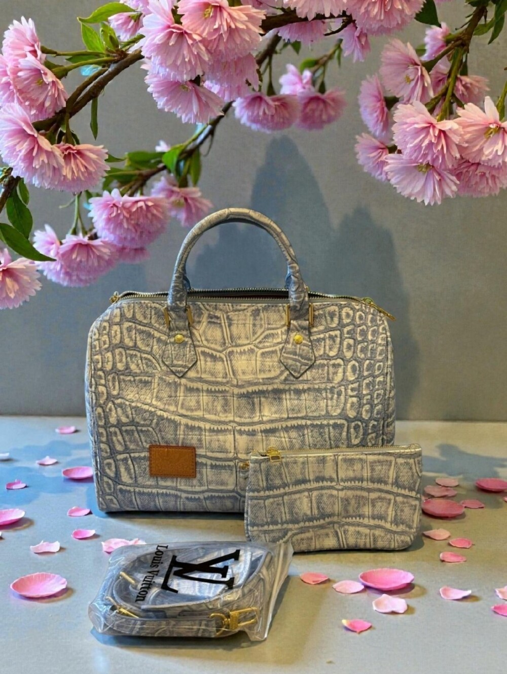 Blue Croc-Embossed Satchel with Matching Pouch